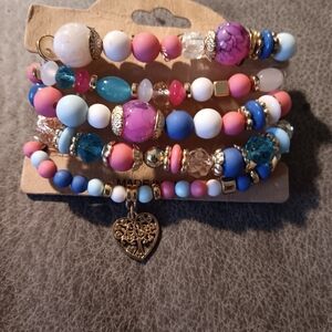 Colorful Beaded Bracelet Set with Heart Charm